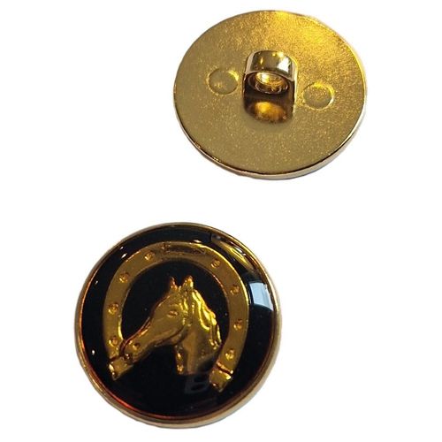 Gullknapp med emalje 15 mm sort med hest